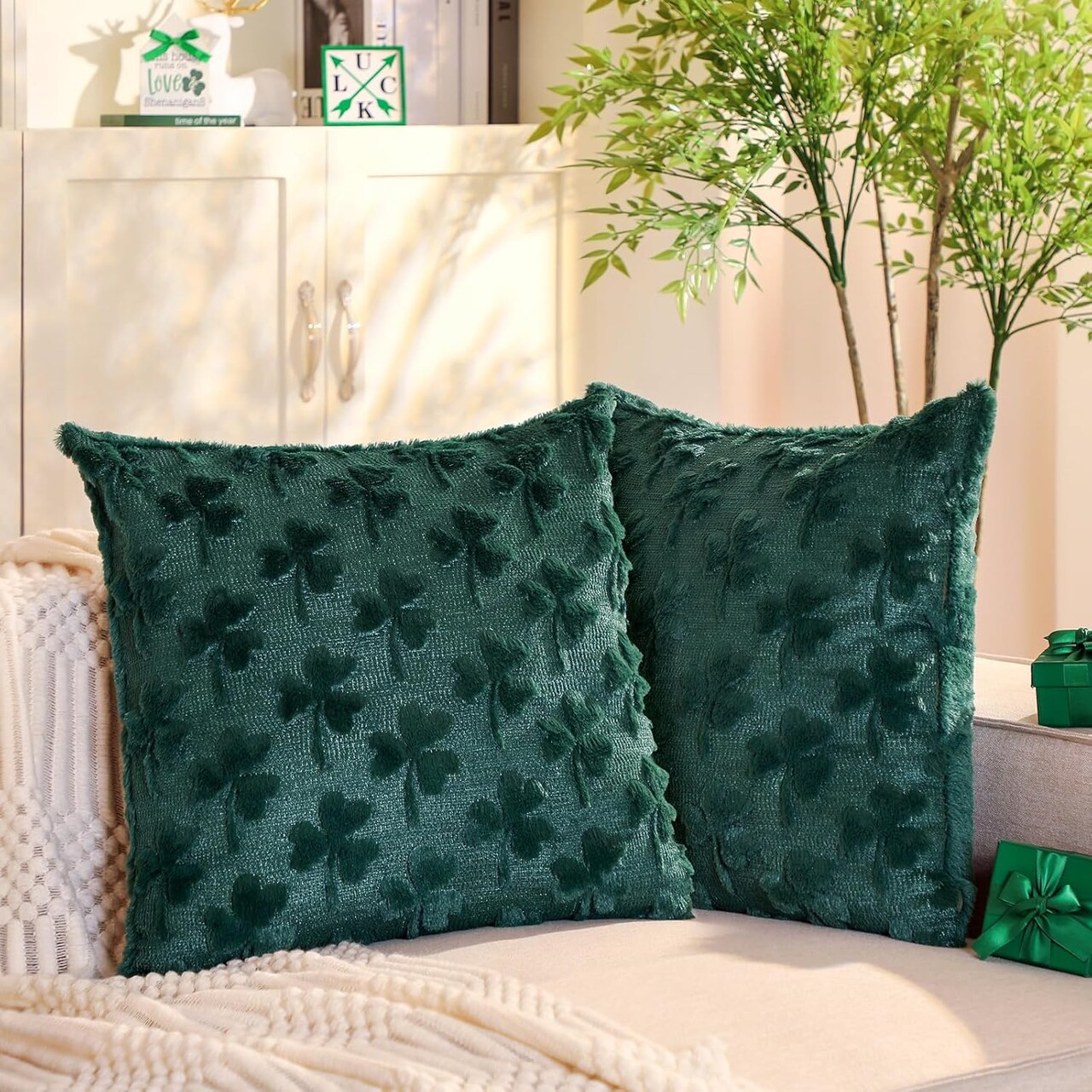 St. Patrick's Day Pillow Covers 18 x18 Set of 2 Green Shamrock Throw Pillow Cases Soft Plush Faux Fur Embroidery Couch Cushion Case